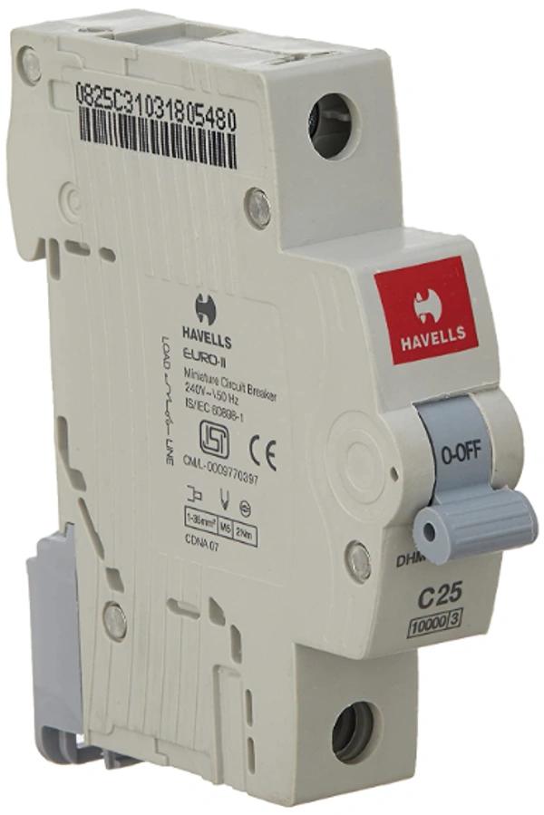 Havells 25A MCB SP C Curve (White)DHMGCSPF025 PVC Plastic  - 25A, White, 6 Month
